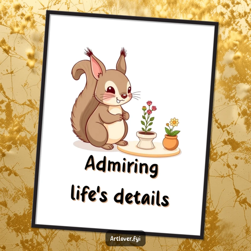 Funny Poster: A cheerful squirrel gazes intently at a miniature still life, bringing a sense of wonder and artistic appreciation to your wall.