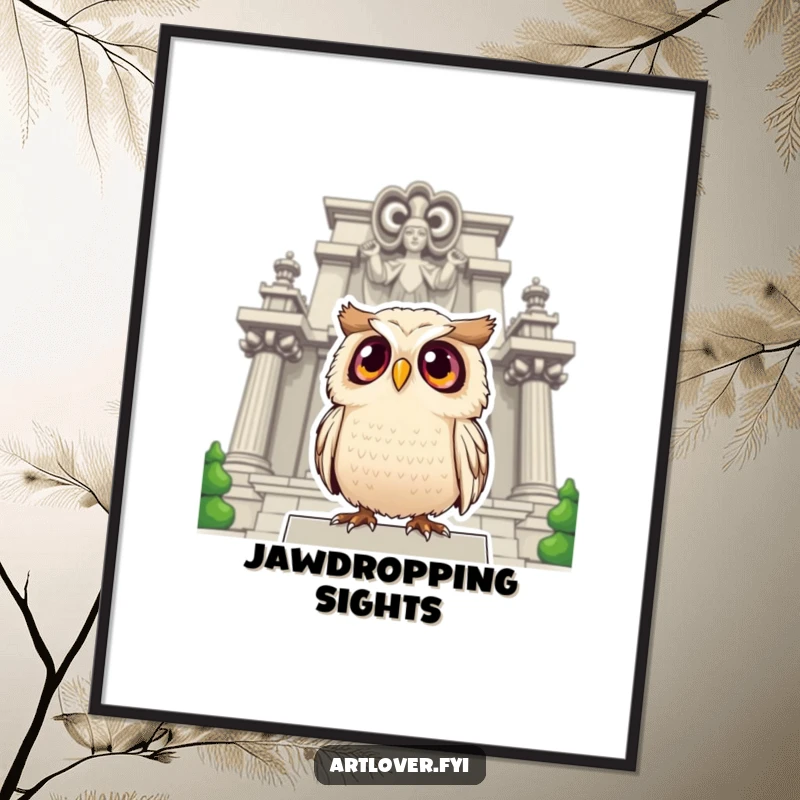 Funny owl poster featuring a surprised owl with large, round eyes looking up at a magnificent statue, adding humor to walls.