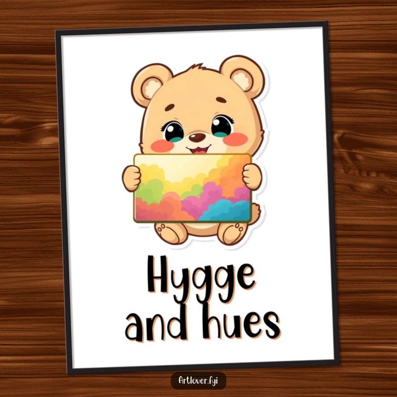 Funny poster featuring a happy bear cub character, eyes gleaming, proudly displaying a vibrant, multicolored painting it has made.