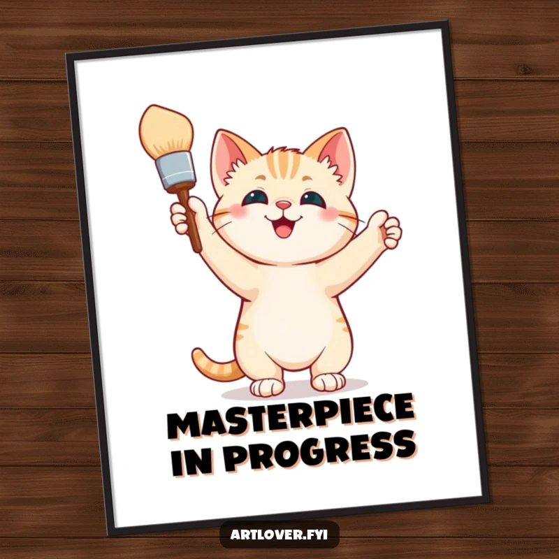 Funny Poster: A happy kitten triumphantly holds a paintbrush high, a symbol of artistic victory and adorable creative expression on your wall.