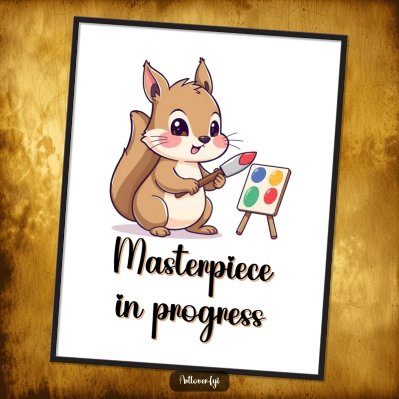 Funny poster of a squirrel artist intently mixing bright colors with a palette knife, showcasing a passion for painting and creativity.