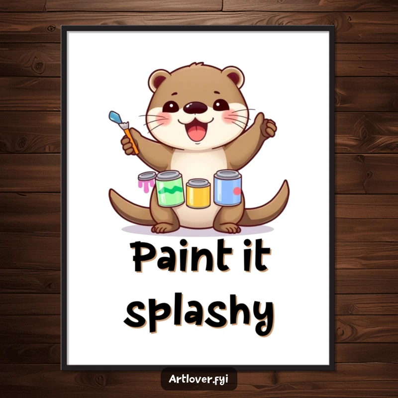 Funny Poster: A delighted otter artist expertly balancing multiple cans of colorful paint, looking proud and joyful, funny art piece, great gift.