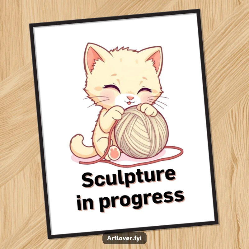 Funny kitten poster, a delightful cat enthusiastically attempting to sculpt a giant ball of yarn, adding humor to any wall.