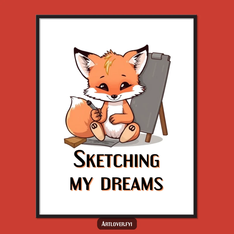 Funny Fox Cub Sketching Poster - Whimsical Art Print for Creative Spaces