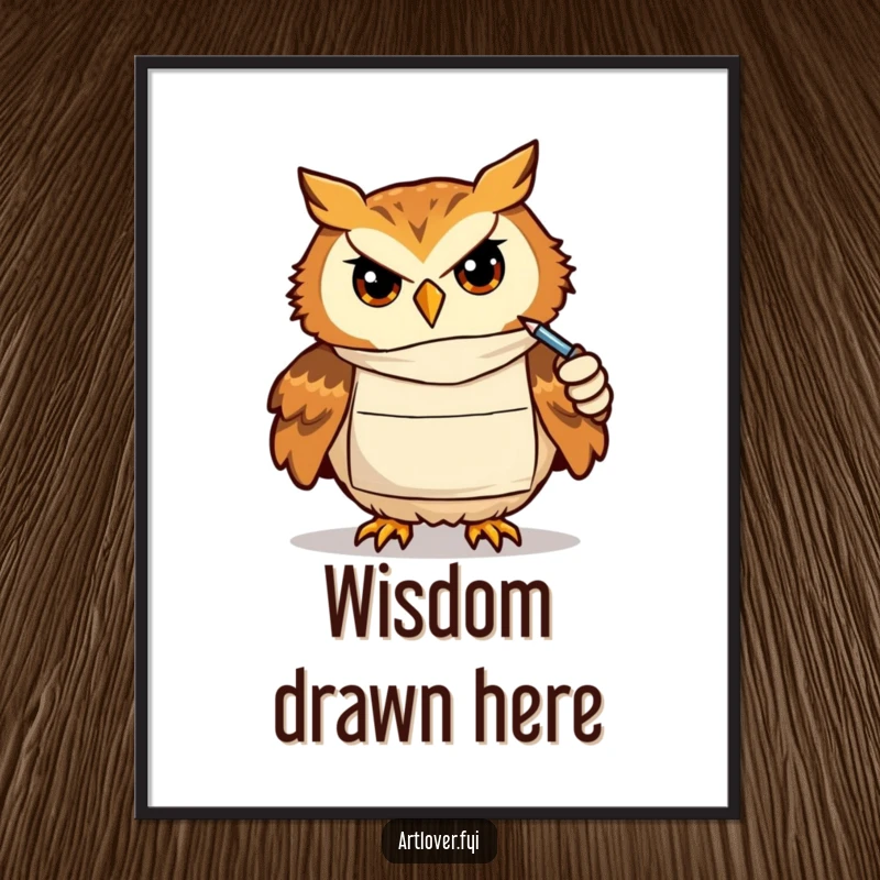 Funny poster of a focused owl artist in a smock, diligently drawing, embodying concentration and the pursuit of artistic perfection.