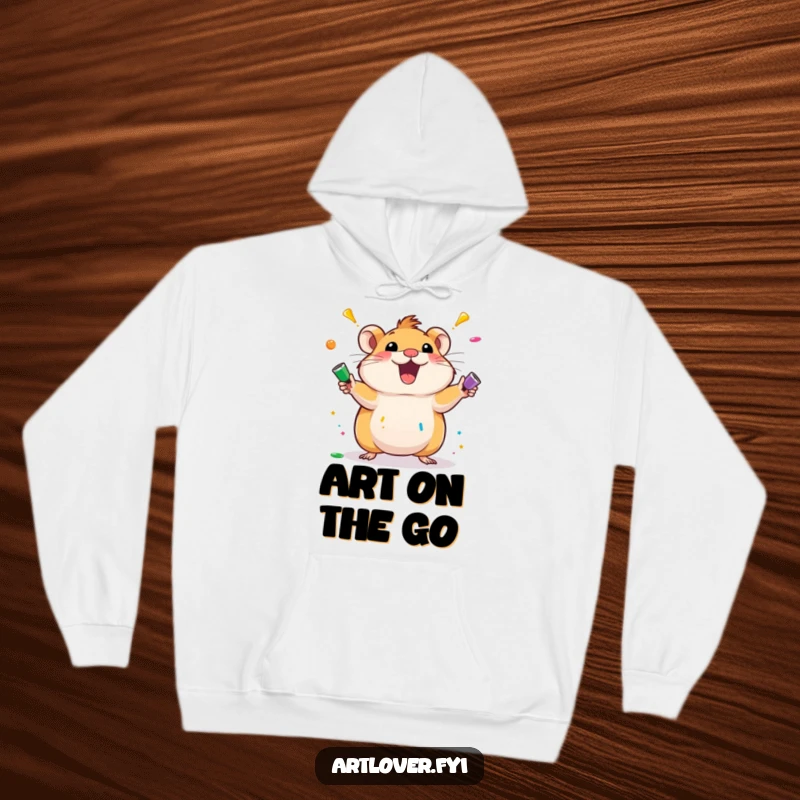Funny hamster hoodie featuring an excited hamster character juggling colorful paint tubes. Cozy and humorous apparel for the creatively active.