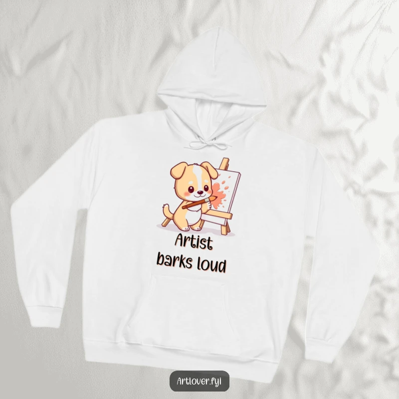 Funny Dog Artist Hoodie: Cute dog wearing an apron, splattering colorful paints on a canvas with an artistic flourish.