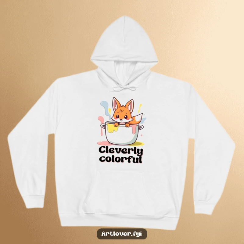 Funny Fox Artist Hoodie: Curious fox peeking out from a giant paint pot, artistically messy and cozy.