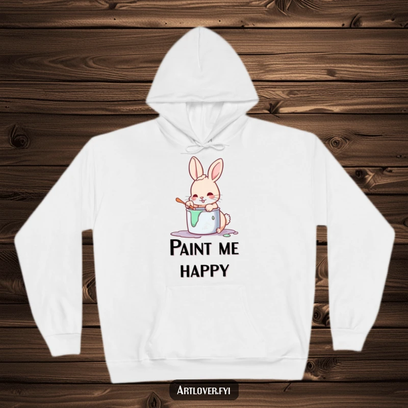 Funny artist rabbit hoodie, a warm and cozy sweatshirt featuring a playful bunny with a paw in a paint pot.