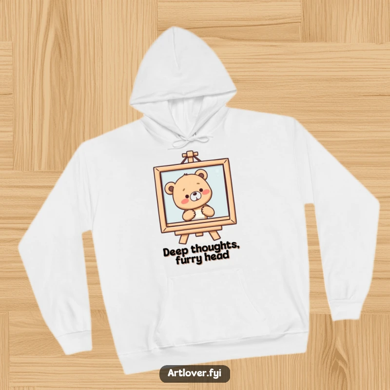 Funny Bear Cub Hoodie featuring a smiling cub sighing at a framed painting, ideal for cozy art appreciation.