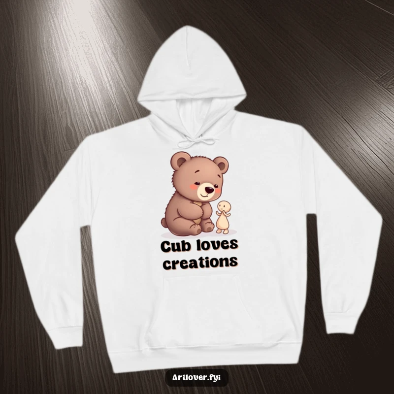 Funny Bear Cub Artist Hoodie: A playful bear cub admiring abstract art, creating a humorous and cozy apparel item.