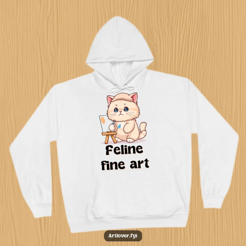 Funny Cat Artist Hoodie: A sophisticated cat artist in a beret paints, creating a humorous and cozy apparel piece for art lovers.