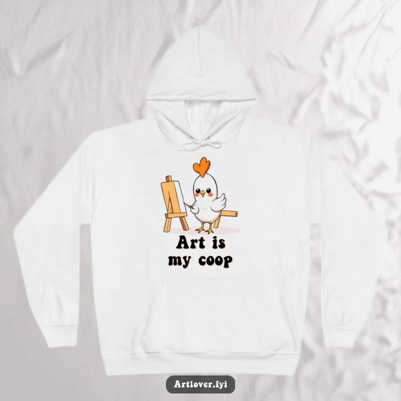 Funny Hoodie: A cheerful chicken artist with paint on its beak, pecking intently at a canvas, radiating artistic energy, great funny gift.