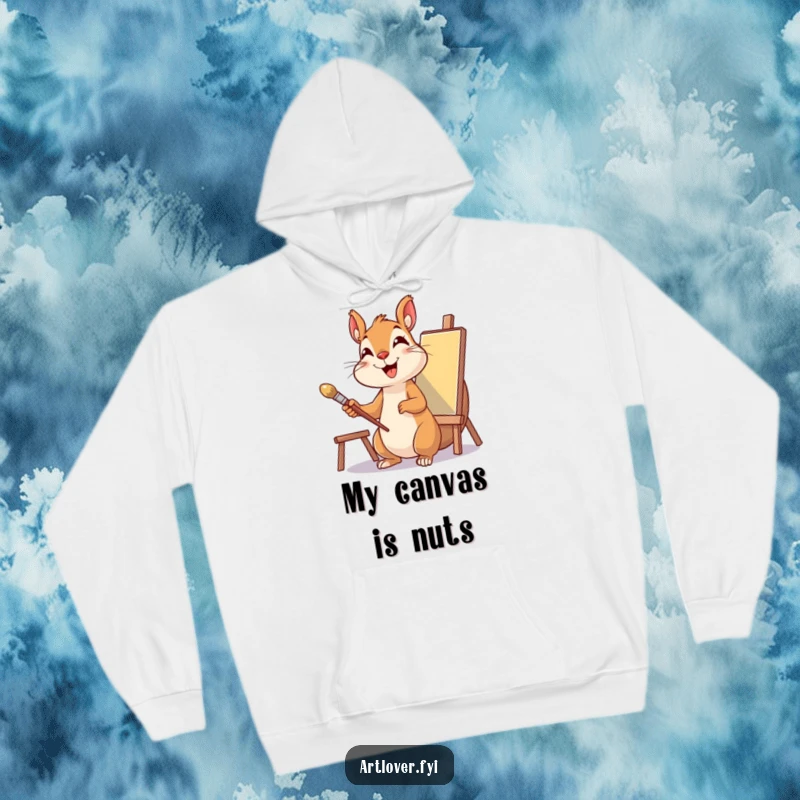 Funny Squirrel Artist Hoodie featuring a delighted squirrel with a paintbrush and canvas, perfect for cozy creative sessions.