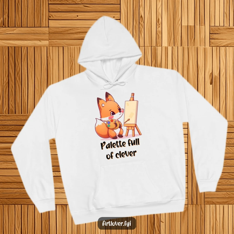 Funny artist fox hoodie with a paint-smeared cheek, admiring a canvas, offering cozy inspiration for artistic endeavors.