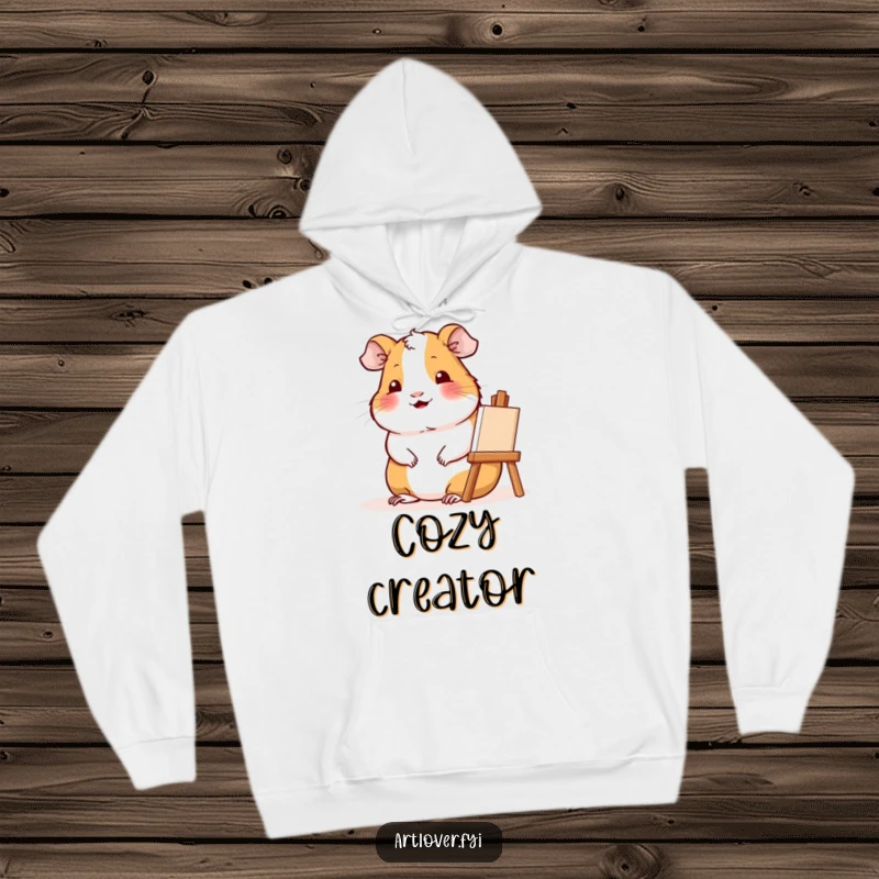 Funny Artist Guinea Pig Hoodie: Cozy sweatshirt featuring a contented guinea pig smiling beside a small easel.