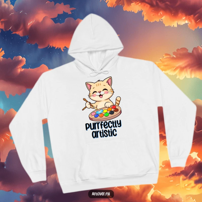 Funny Cat Artist Hoodie featuring a happy cat with a paintbrush and palette, offering warmth, comfort, and humor.