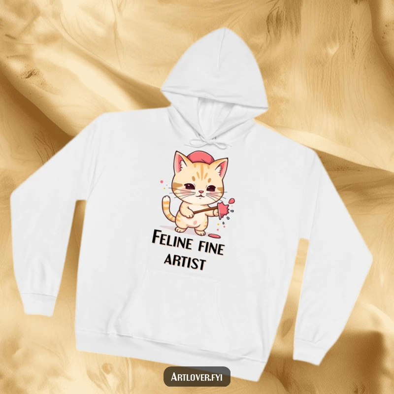 Funny hoodie depicting a small, determined cat in a beret, enthusiastically splattering vibrant paint, a unique art lover gift.
