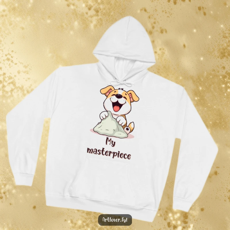 Funny Dog Sculptor Hoodie with a dog joyfully sculpting clay with its paws, an excellent funny gift.