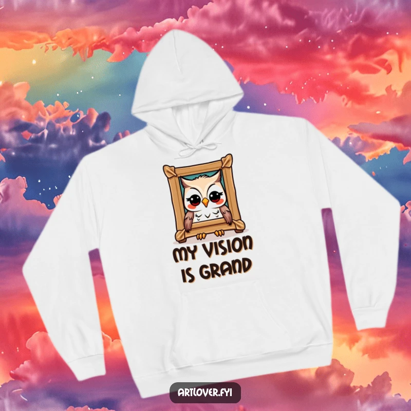 Funny Owl Art Hoodie: A joyful owl admiring a framed masterpiece, showing sophisticated taste, excellent funny gift.
