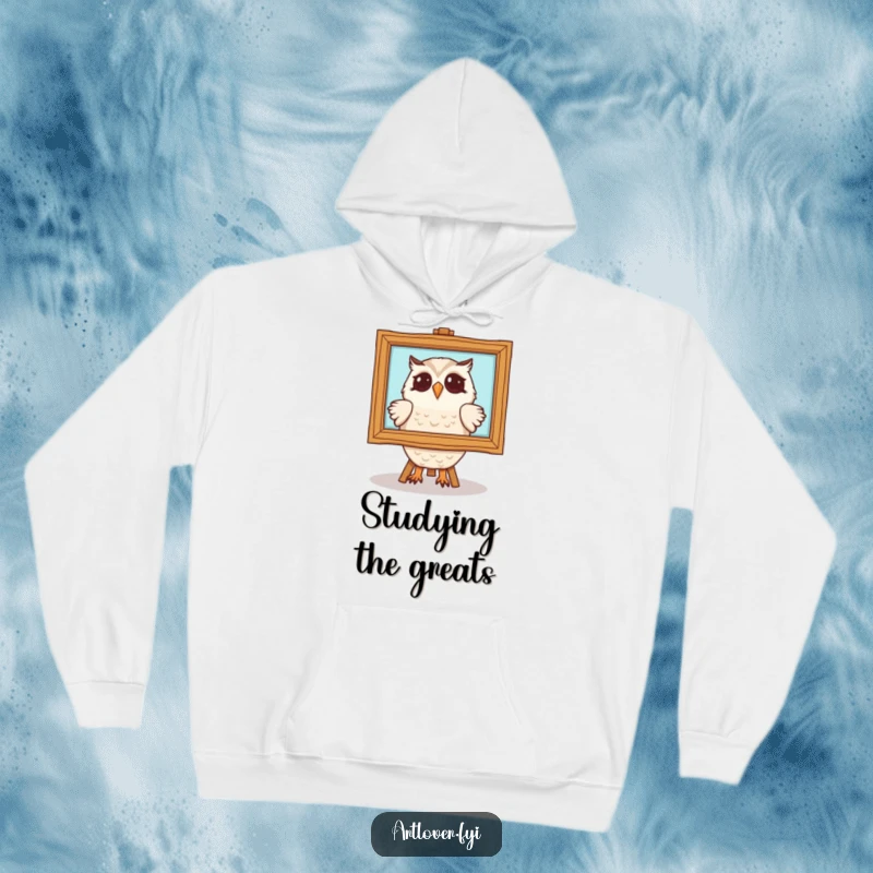 Funny owl hoodie with a delighted owl character admiring a framed painting. Cozy and humorous apparel for the art-appreciating individual.