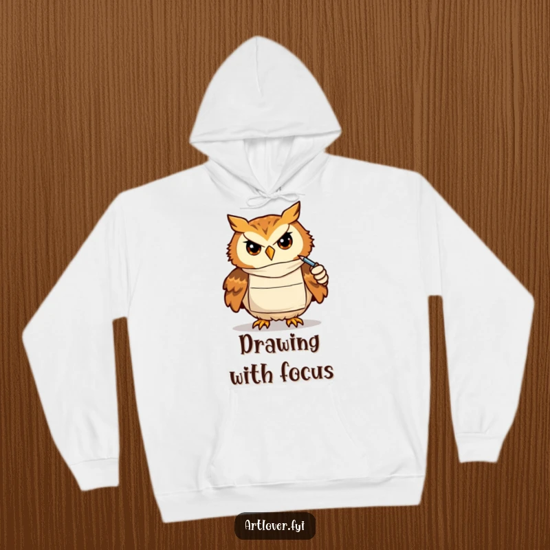 Funny hoodie featuring a determined owl wearing an artist's smock, engrossed in drawing, radiating focus and creative warmth.