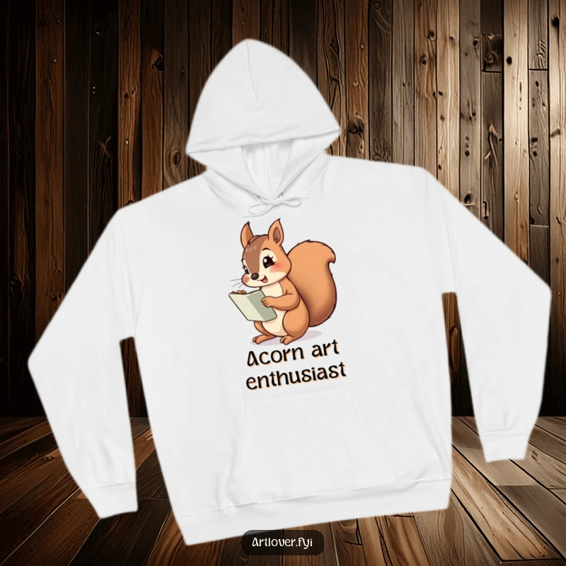 Funny Squirrel Artist Hoodie featuring a cheeky squirrel with a sketchbook and giant nut, offering warmth, comfort, and artistic humor.