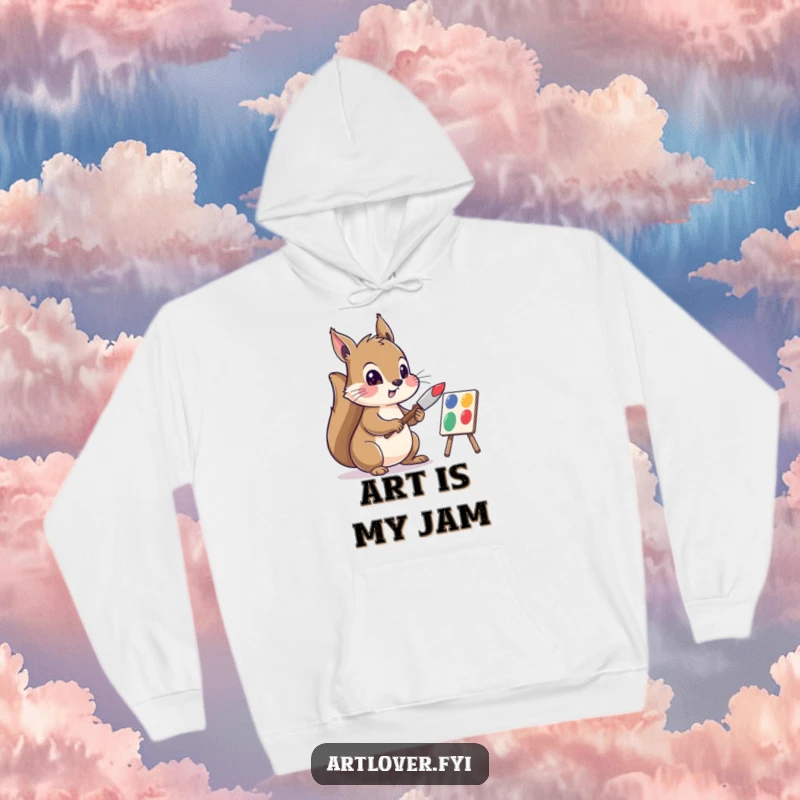 Funny hoodie depicting a squirrel engrossed in mixing vibrant art paints with a palette knife, radiating creative passion and warmth.