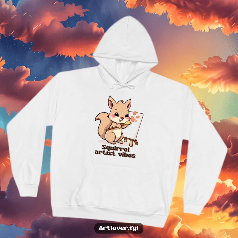 Funny hoodie featuring a playful squirrel character with a paintbrush in paw, delicately dabbing at a canvas, perfect for artists.