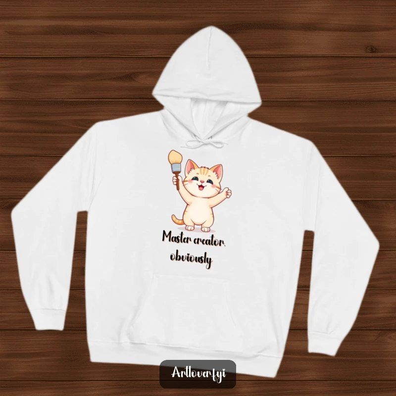 Funny Hoodie: A happy kitten artist holds a paintbrush aloft in triumph, radiating joy and a passion for creating beautiful, messy art.