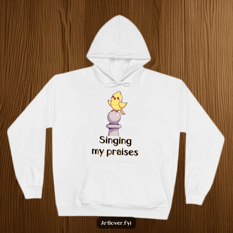 Funny happy bird hoodie, perched on a sculpture, singing joyfully, a cozy and cheerful addition to your wardrobe.