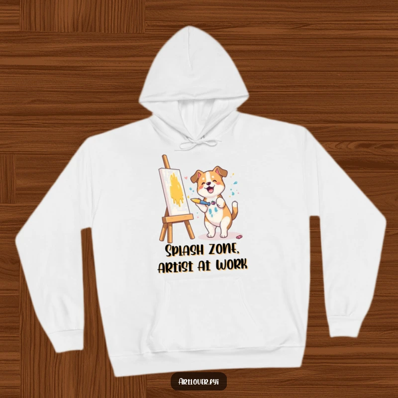 Funny hoodie showcasing a dog artist joyfully splashing colorful paint onto a canvas with a brush, a masterpiece of canine creativity.