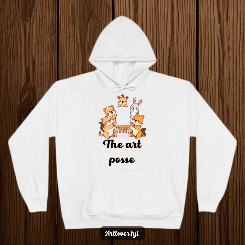 Funny hoodie showing a group of smiling animals gathered around an easel, sharing their excitement and pointers for a painting.