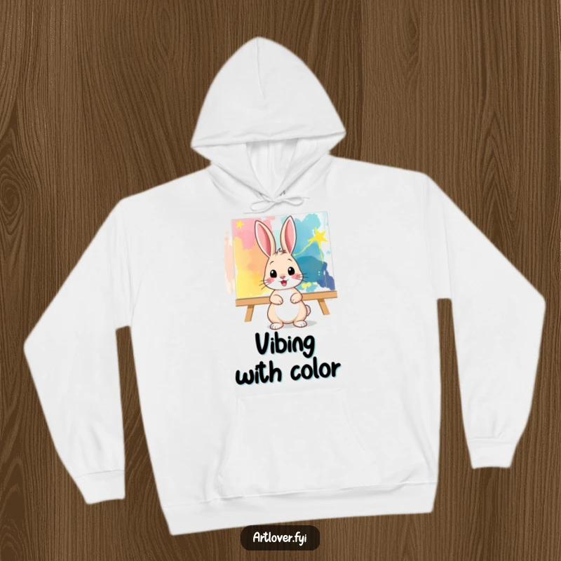 Funny Hoodie: A playful bunny poses chicly in front of a vibrant abstract canvas, embodying artistic expression and cozy comfort.
