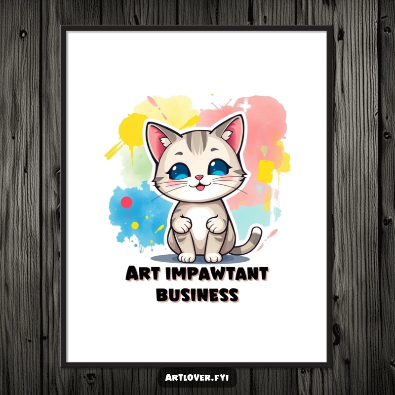 Funny Free Printable Wall Art of a sophisticated cat character proudly displaying a bold and colorful abstract painting.