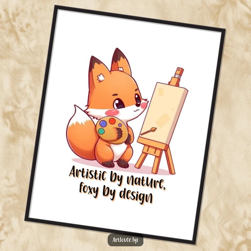 Funny Free Printable Wall Art of an enthusiastic fox with a palette smeared on its cheek, admiring a canvas with deep concentration.