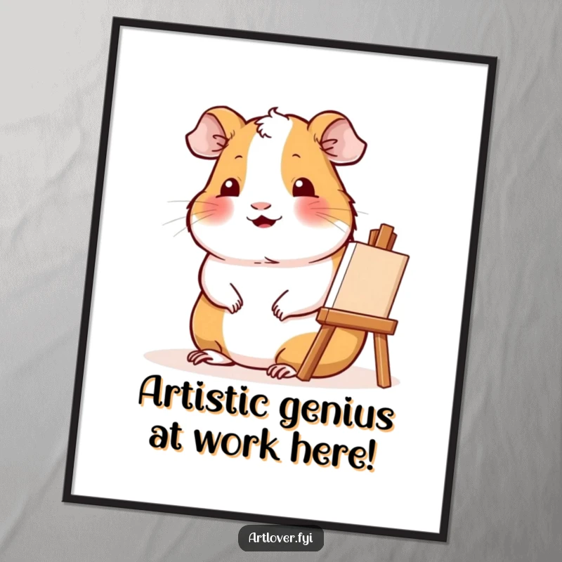 Funny Free Printable Wall Art: Contented guinea pig sitting beside small easel, smiling, creating a charming piece of art.
