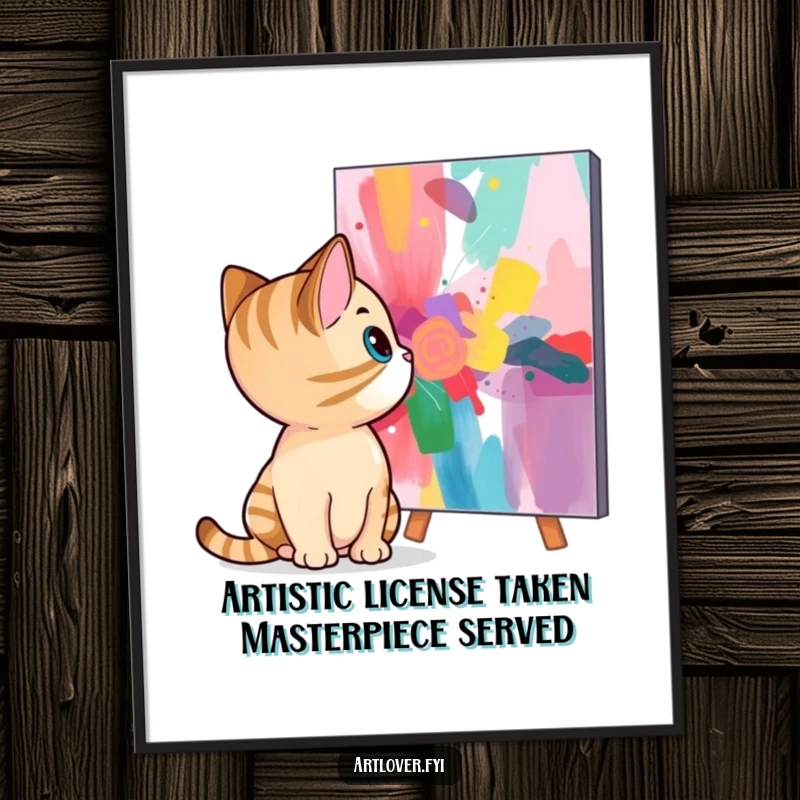 Funny Free Printable Wall Art: Curious cat deeply analyzing a vibrant, colorful abstract painting, adding artistic whimsy to any room.