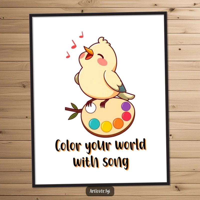 Funny Free Printable Wall Art: A happy bird perched on a colorful artist palette, joyfully singing a beautiful melody.