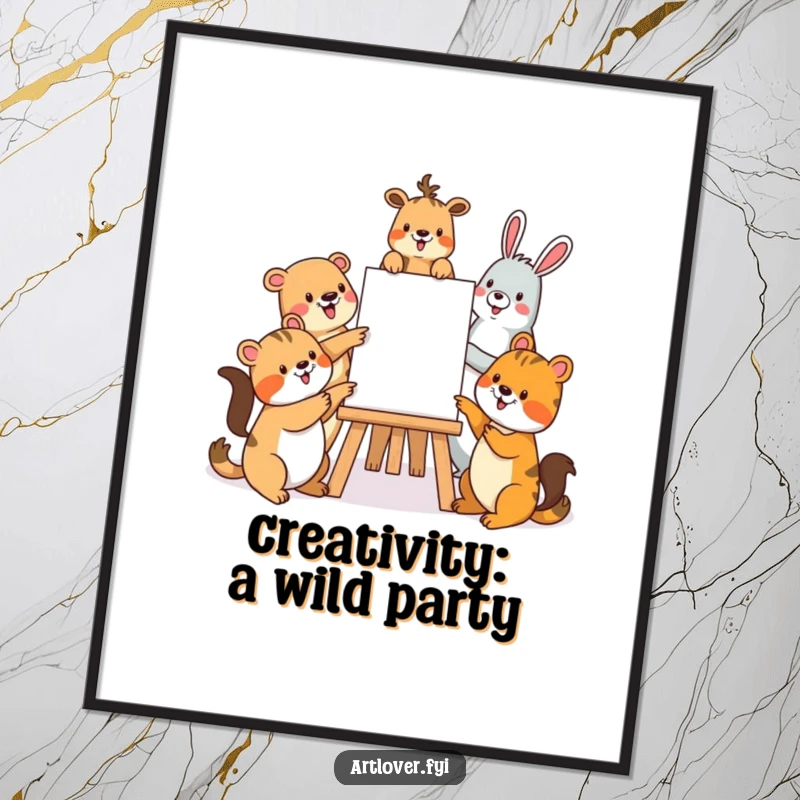Funny Free Printable Wall Art: A playful group of diverse animals enthusiastically points and smiles around an easel, enjoying art.