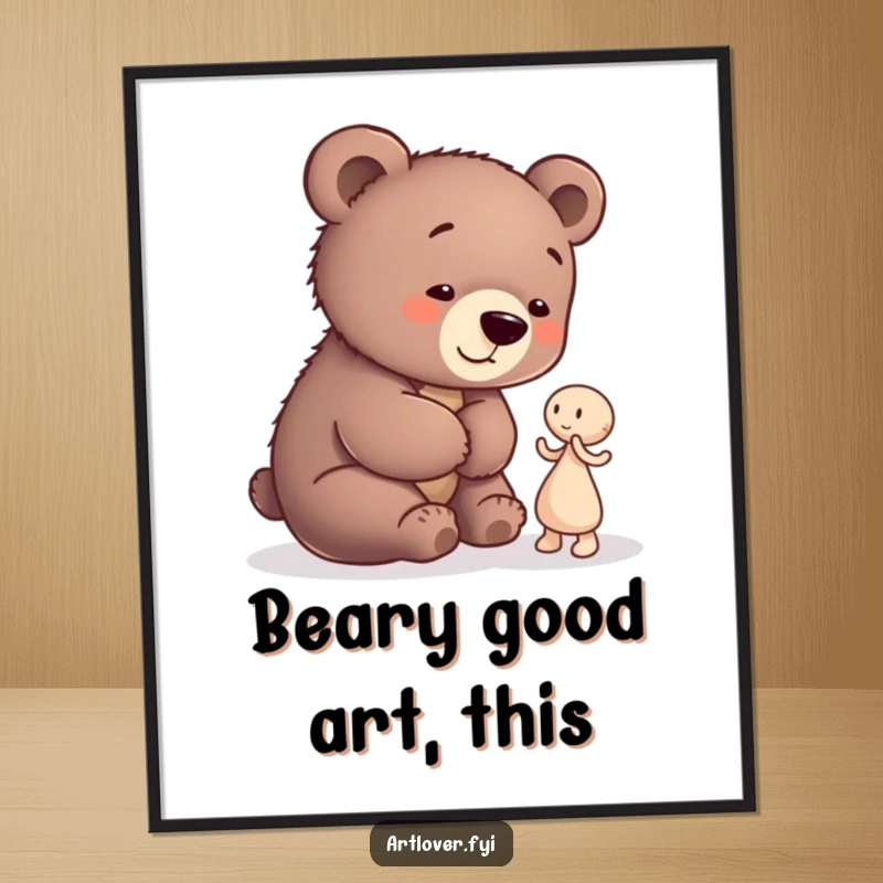 Funny Free Printable Bear Cub Artist Wall Art: A playful bear cub sitting and admiring a small, uniquely shaped abstract clay figure.
