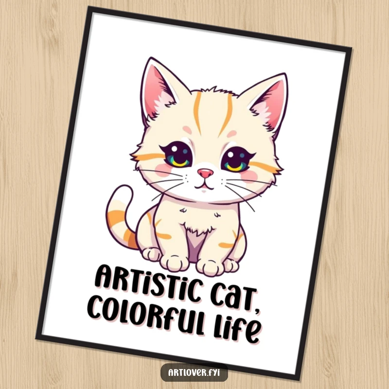 Funny Free Printable Cat Artist Wall Art: A focused cat artist enthusiastically creates a vibrant, abstract masterpiece with colorful paints.