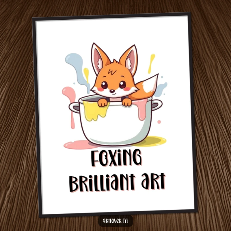 Funny Free Printable Wall Art: A curious fox character is playfully peeking its head out from inside a giant, colorful pot filled with paint.