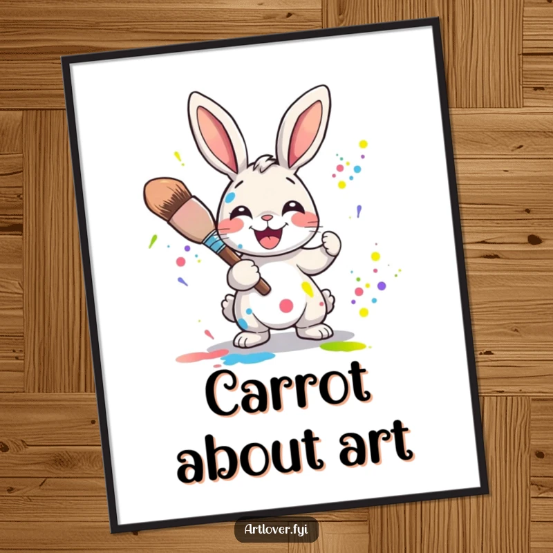 Funny Free Printable Wall Art: A joyful rabbit character is holding a large paintbrush and energetically splattering vibrant colors all around.