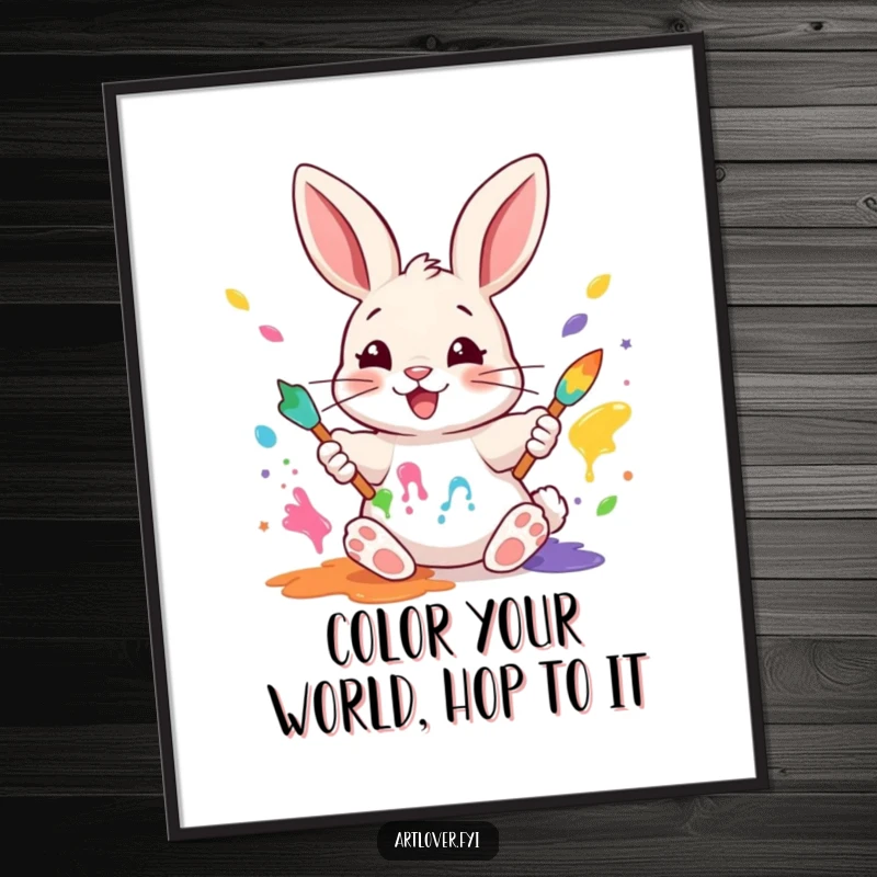 Funny Free Printable Rabbit Painter Wall Art: A happy rabbit with paws covered in colorful paint, mixing them with enthusiasm.