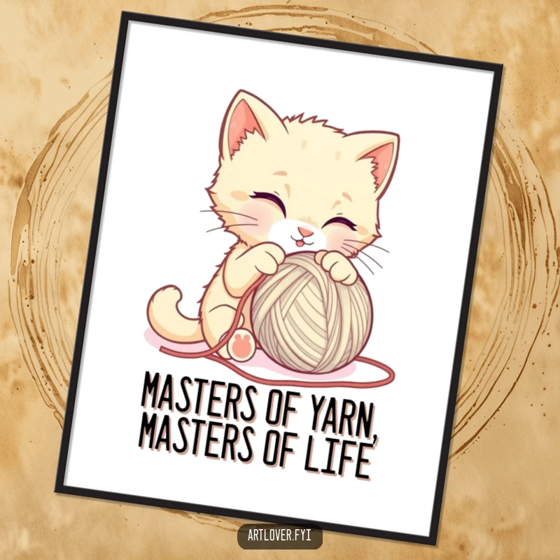 Funny Free Printable Wall Art: A determined kitten hilariously attempting to sculpt a ball of yarn like a master artist.