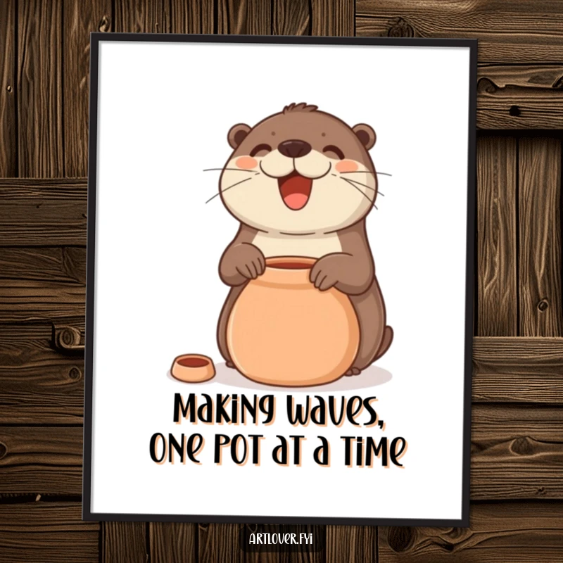 Funny Free Printable Wall Art: Joyful otter with a wide smile enthusiastically creating a clay pot, showcasing artistic talent.