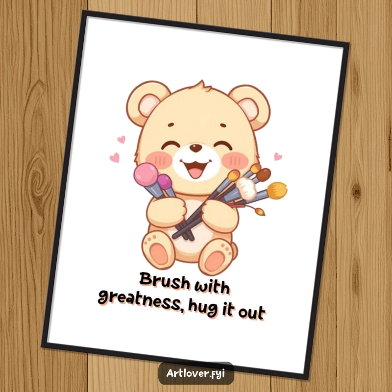 Funny Free Printable Wall Art of a joyful bear cub proudly holding a large bouquet of colorful artist brushes.