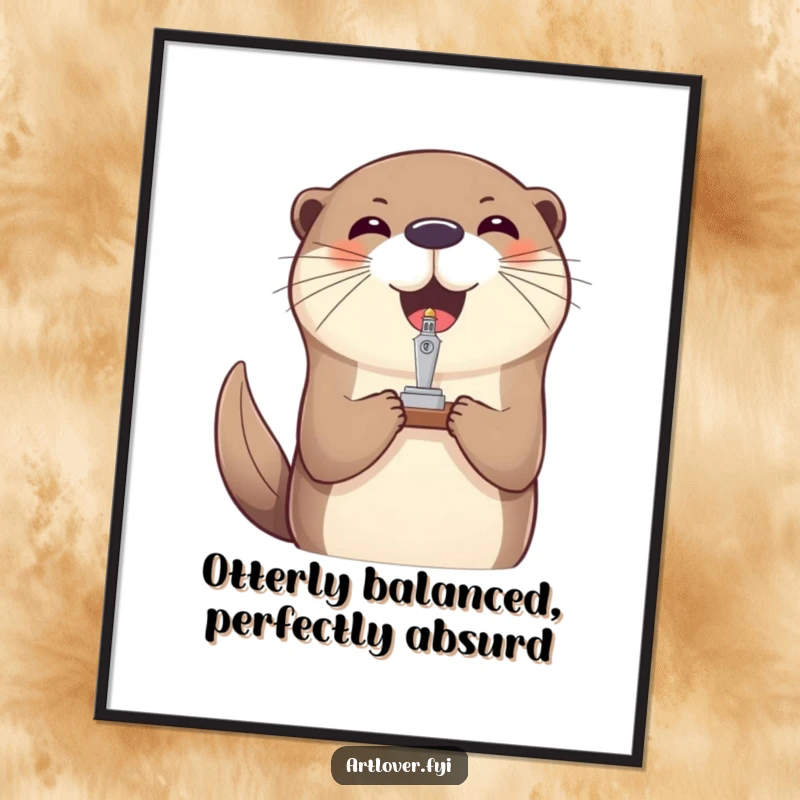 Funny Free Printable Wall Art: Joyful otter balancing a tiny sculpture on its nose, adding a whimsical and humorous touch.