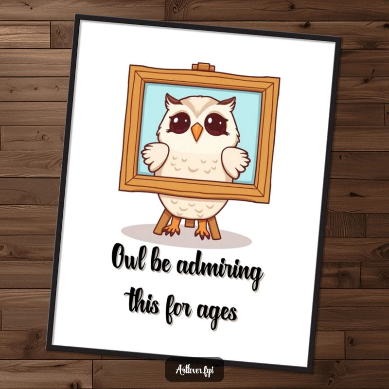 Sophisticated Free Printable Wall Art of a delighted owl character intently admiring a framed painting.